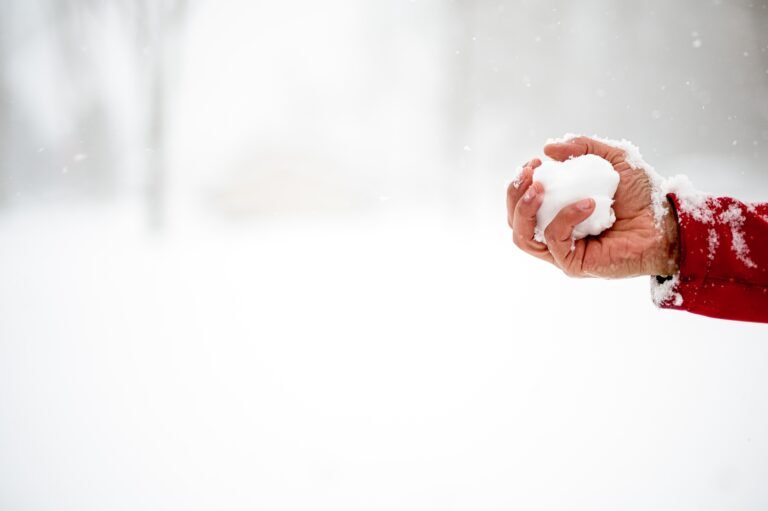 Closeup shot of a male holding a snowball with a blurred foggy background